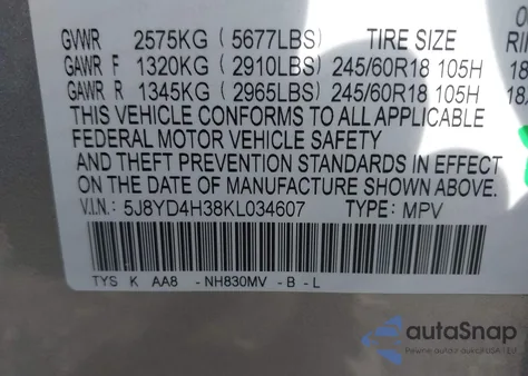 2019 Acura Mdx Standard z USA, uszkodzony, nr VIN 5J8YD4H38KL034607